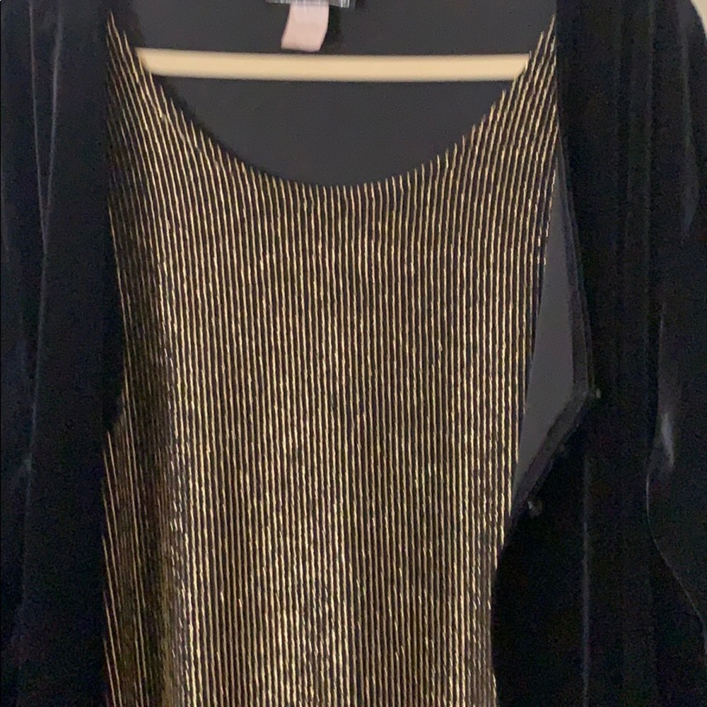 Blouse, black, and gold one-piece top.
